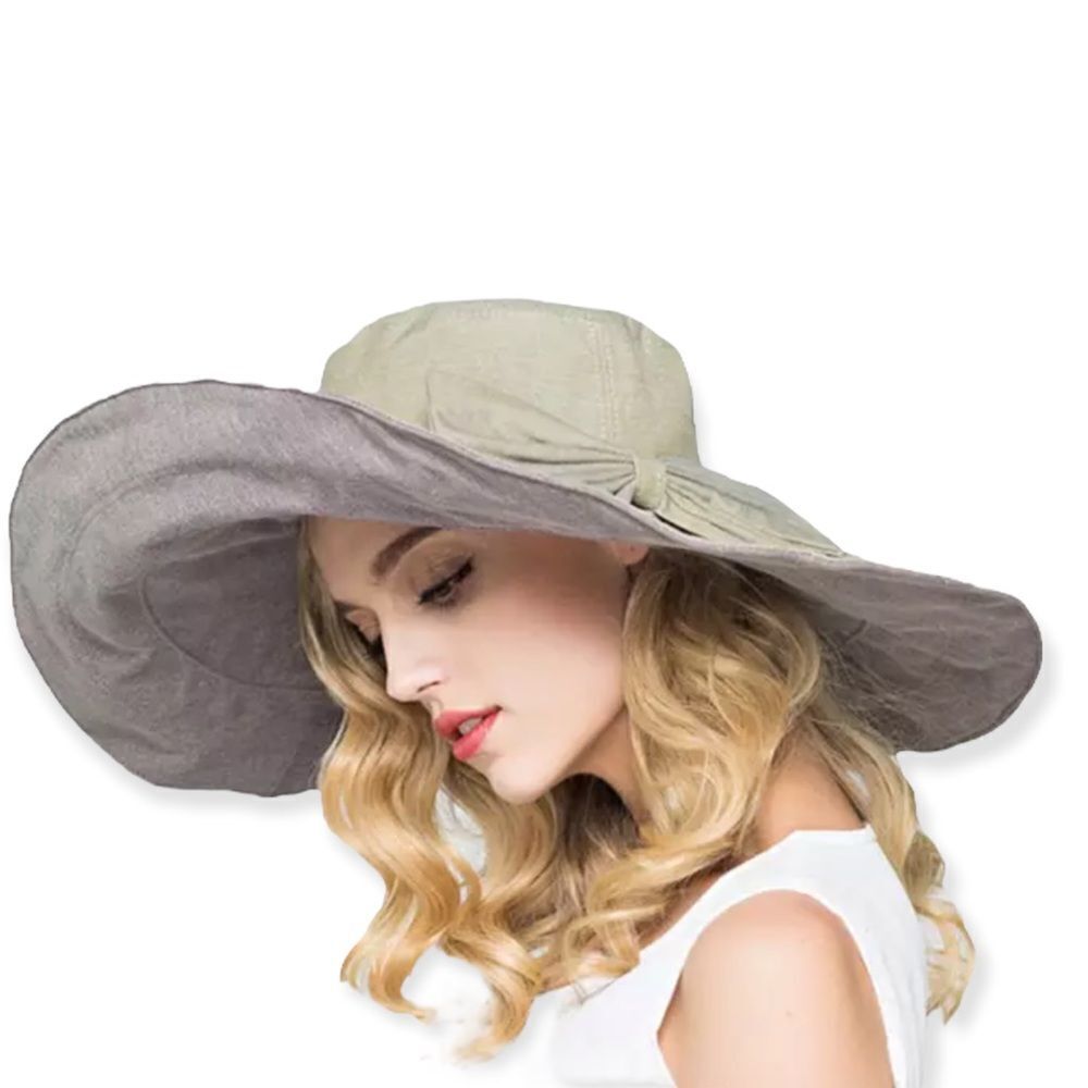 Tan Wide Brim Big Bow Portable Reversible Beach Summer Sun Hat - NEW - Picture 2 of 3